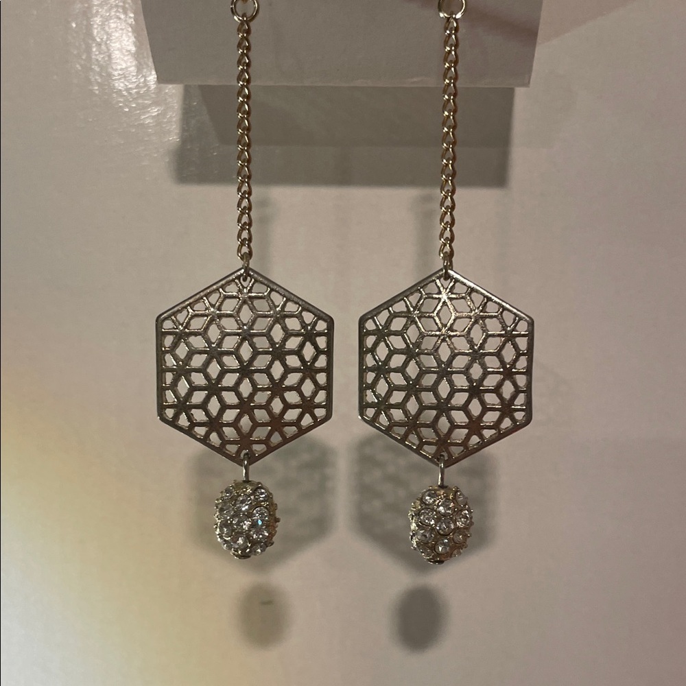 Silver Hexagon Filigree Drop Earrings with Crystal Accent Prom Earrings